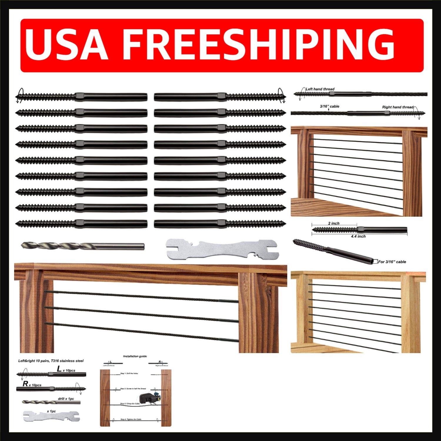 Black Cable Railing Hardware Kit, for 3/16″ Cable Railing System for Wood Pos…