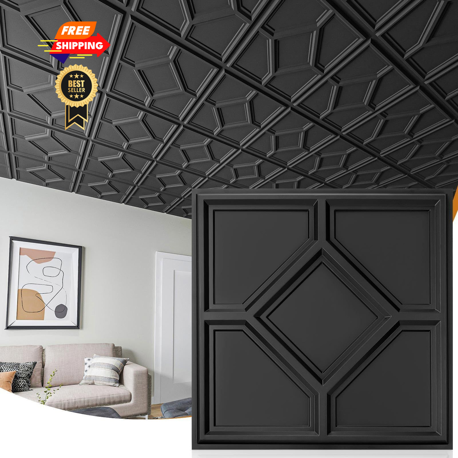 WOWSTAR 12-Pack 24″x24″ Drop Ceiling Tiles, 3D Decorative Glue 24″x24″, Black
