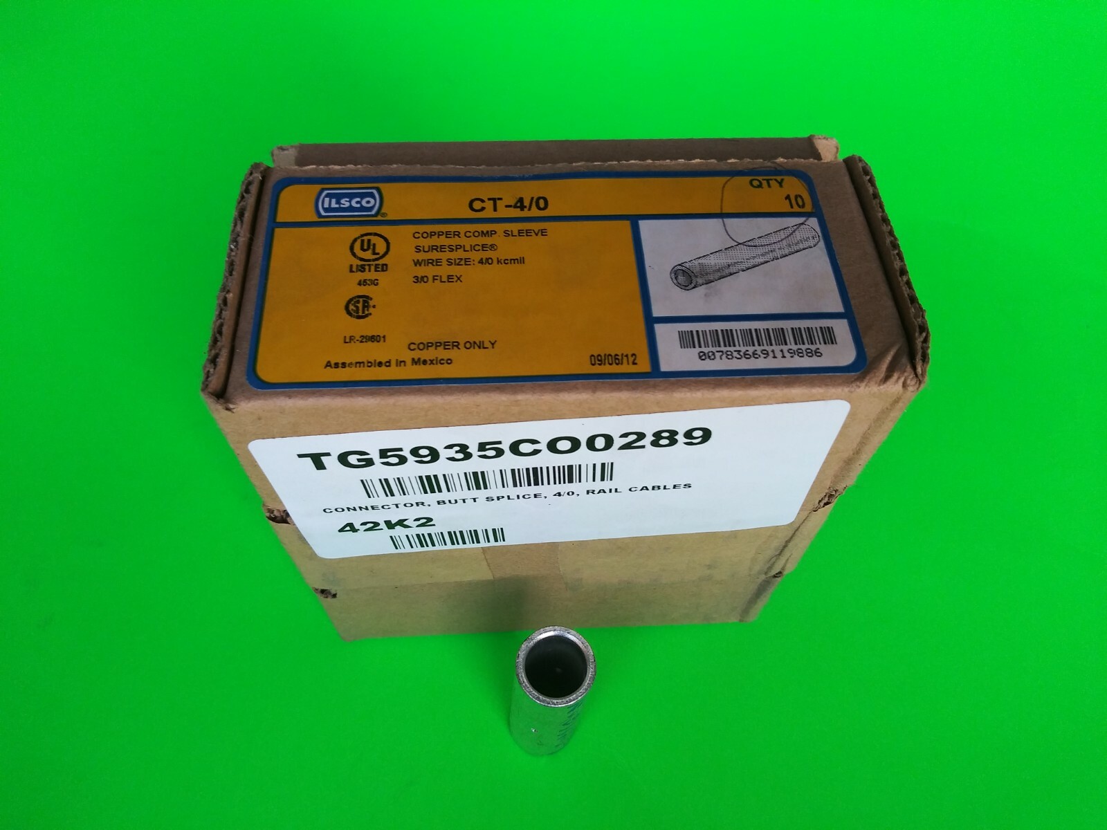 Qty. 1 ILSCO, Copper Compression Sleeve, CT-4/0 wire size: 4/0 AWG, 3/0 FLEX