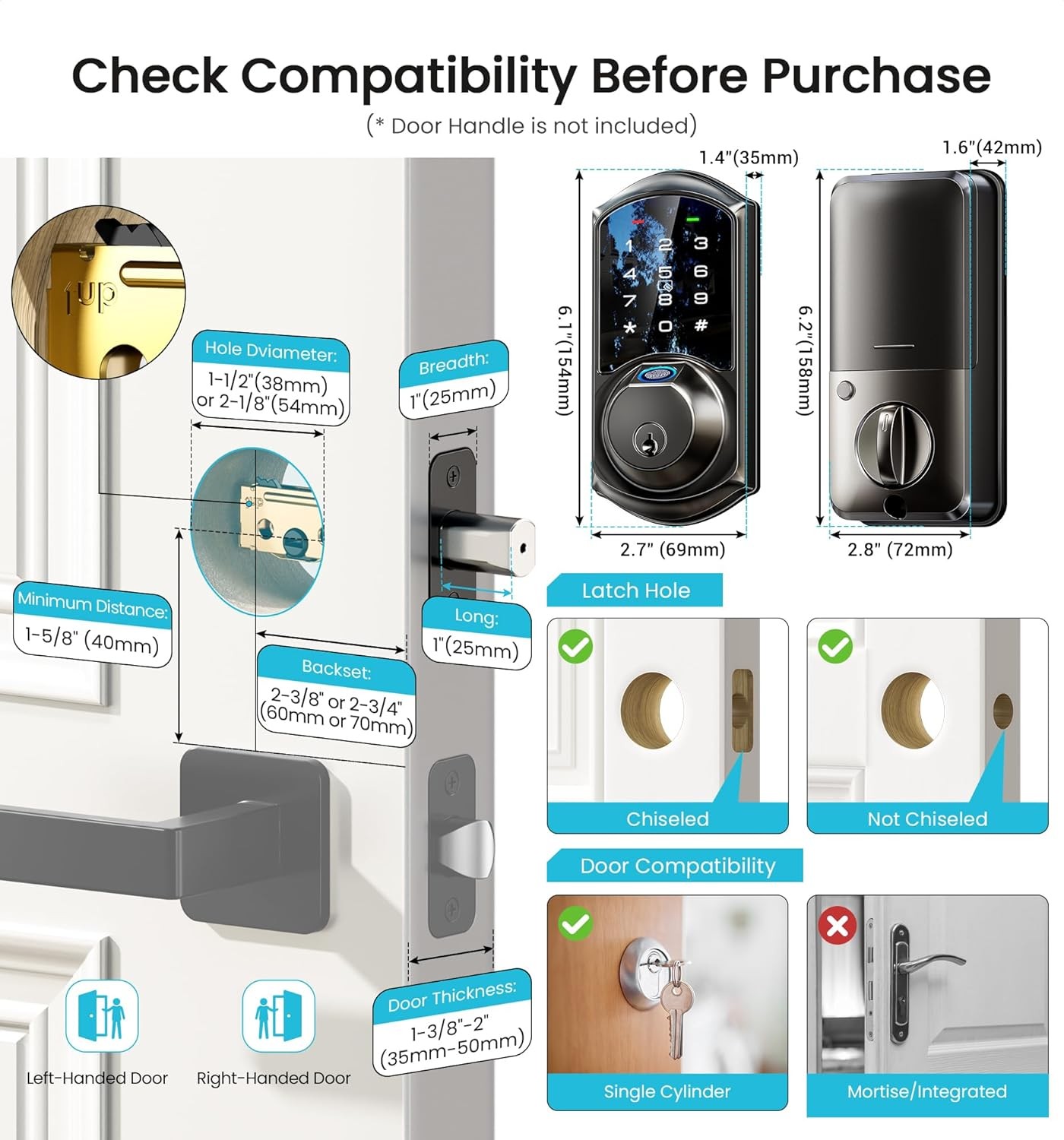 Veise VE07 Fingerprint Smart Door Lock, 7-in-1 Keyless Entry Matte Black