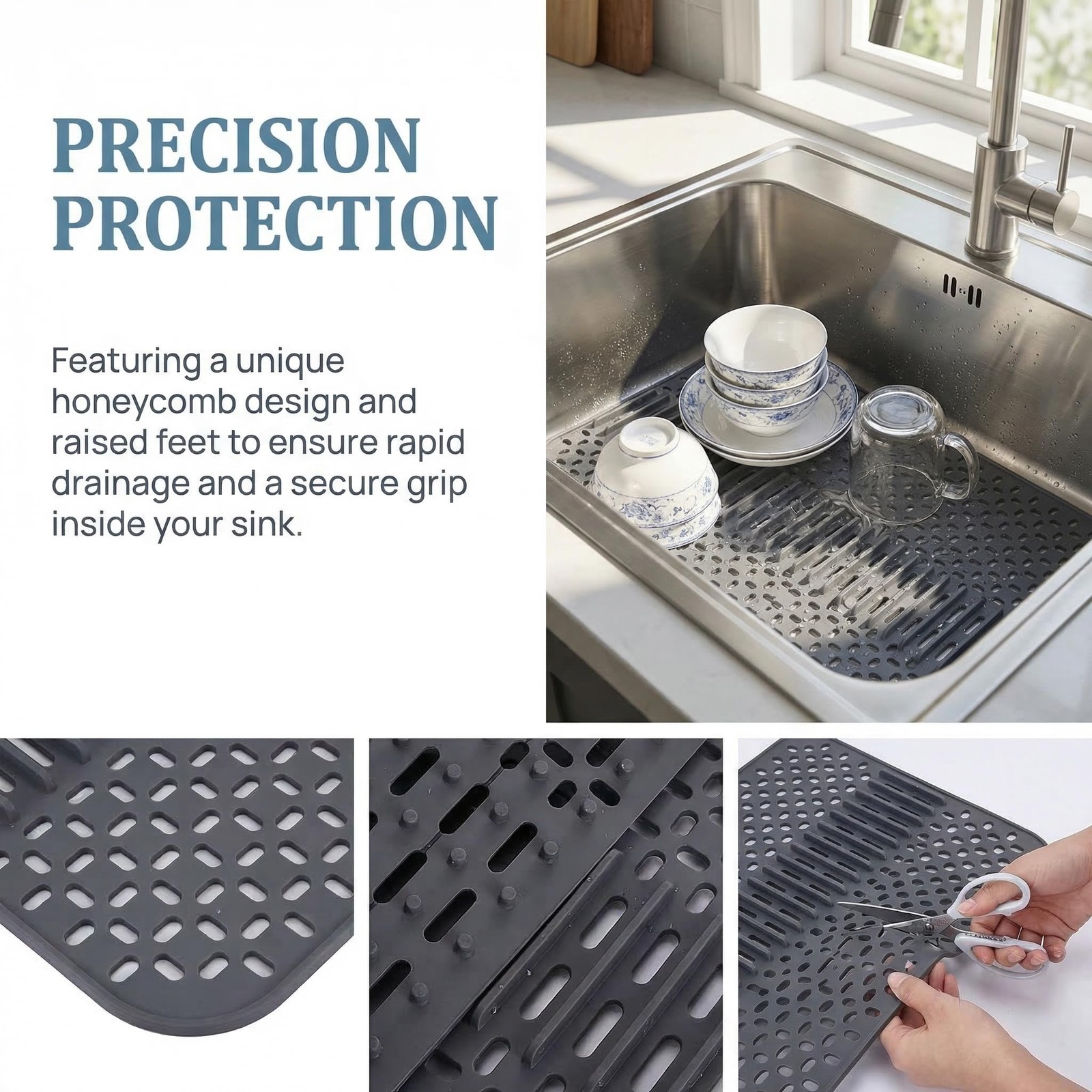 Eysbiy Silicone Sink Mat – 17×13, Non-Slip Kitchen Large, Type E-Grey