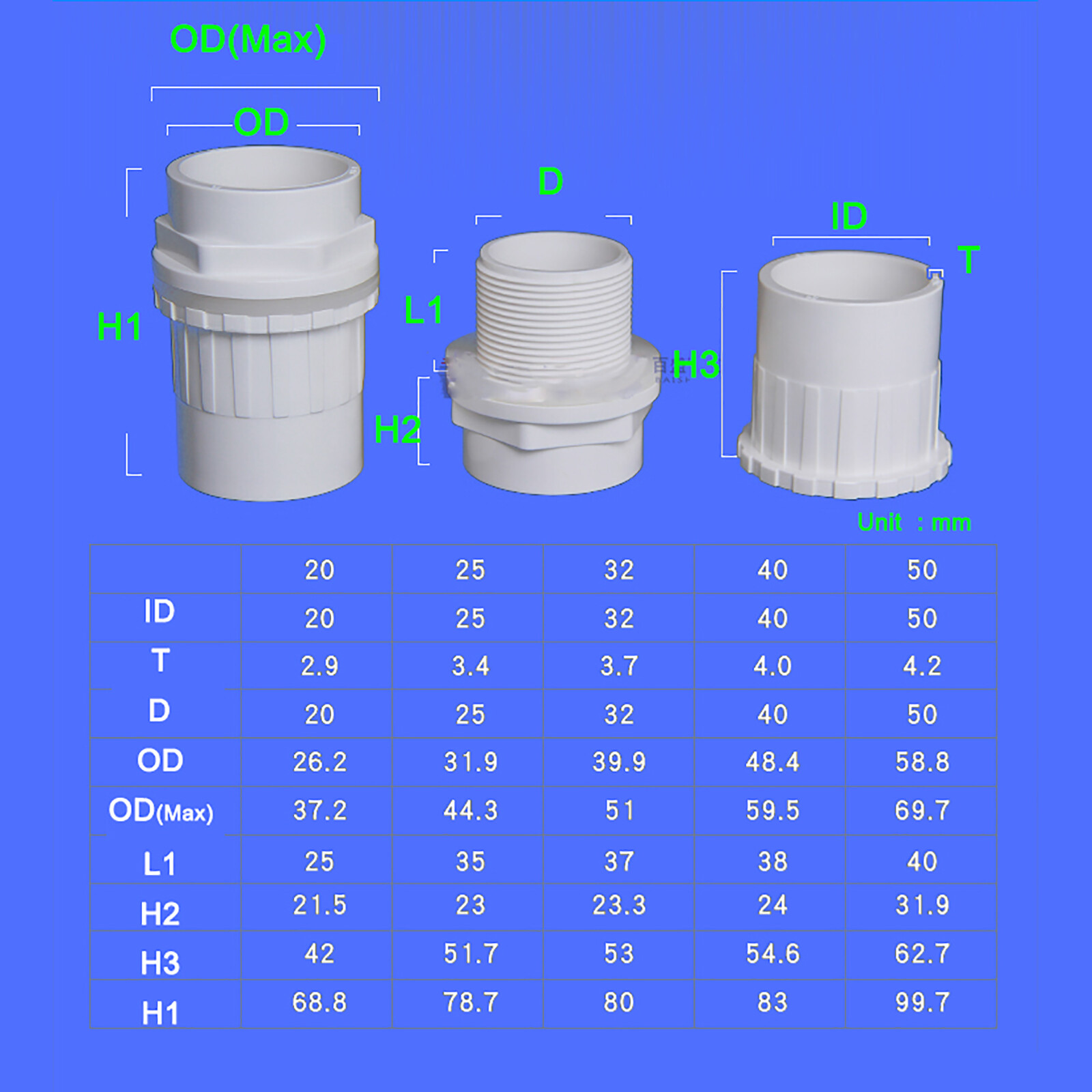 PVC Adhesive Pipe Fitting Pressure Tank Connector Bulkhead For Aquariums 20~50mm