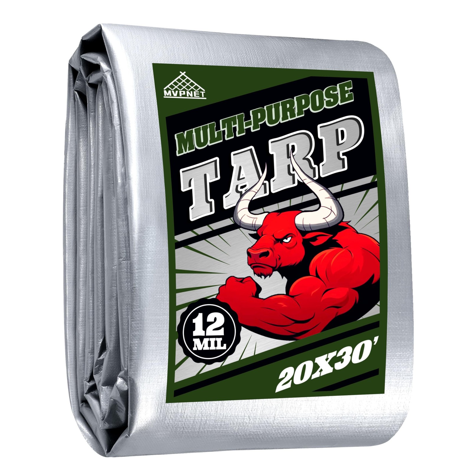 20x30Ft Waterproof Tarp 12mil UV Resistant Tear-Proof Green&Silver Green/Silver