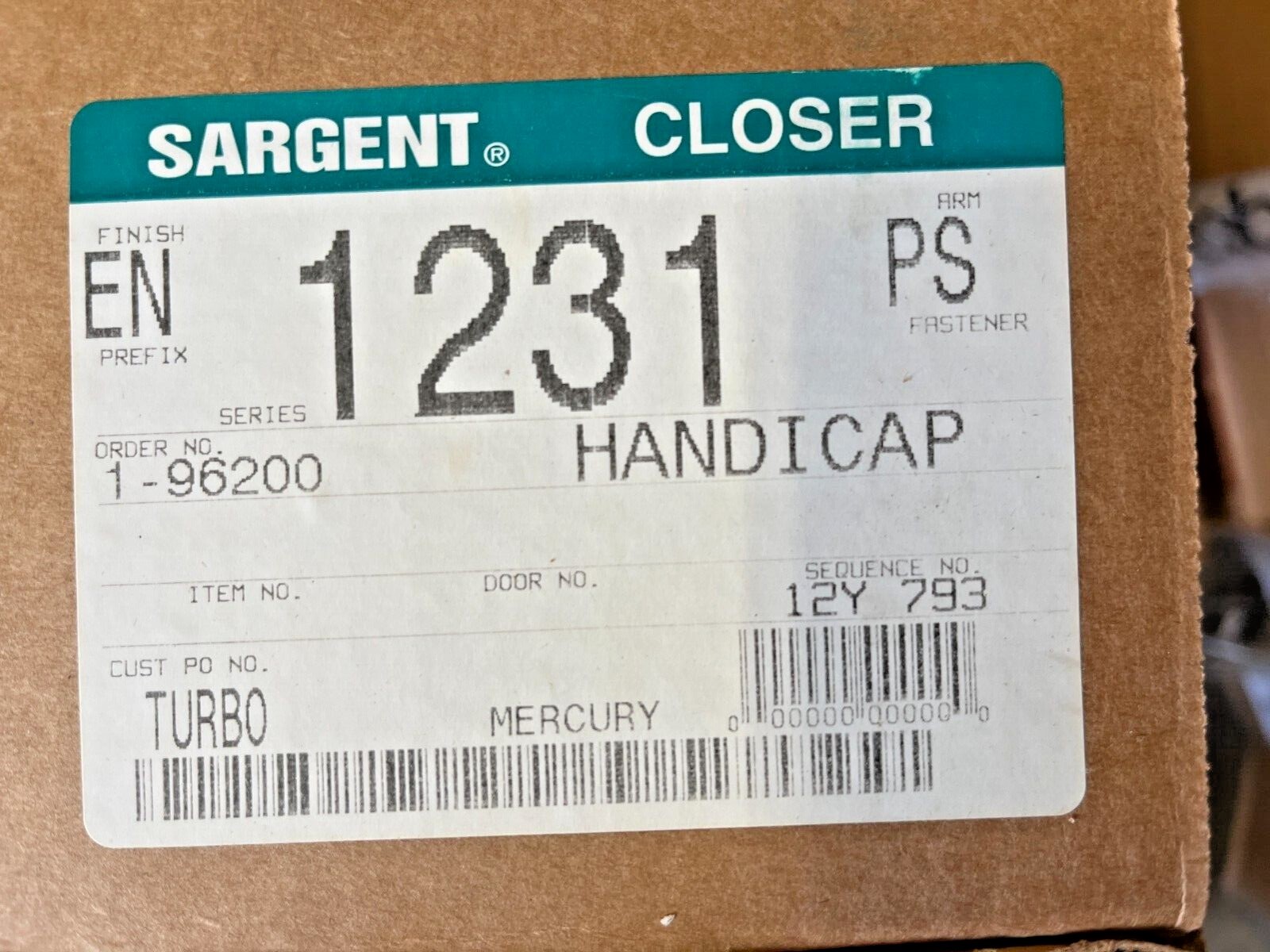 SARGENT HARDWARE DOOR CLOSER 1231 PS EN Sz 2-6 Reversible Parallel Stop Arm ADA