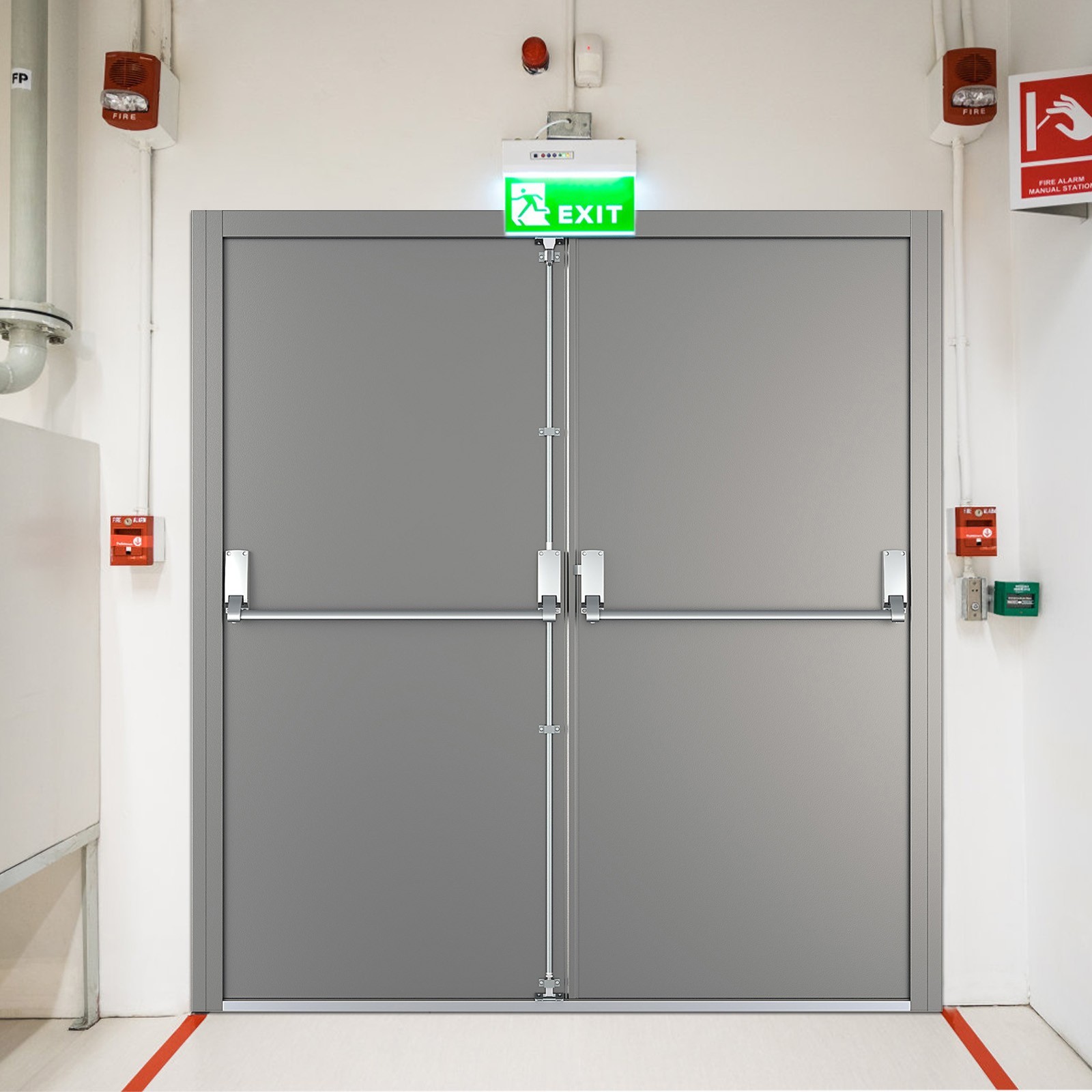 VIZ-PRO Quick Mount Fire Exit Door (Double) with Panic Bar, Gray