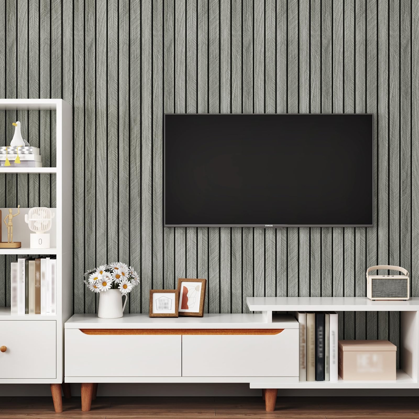 STICKEEP Grey Wood Wall Slat Panels Peel and Stick 3D 11.8″ x 118″, 2.grey