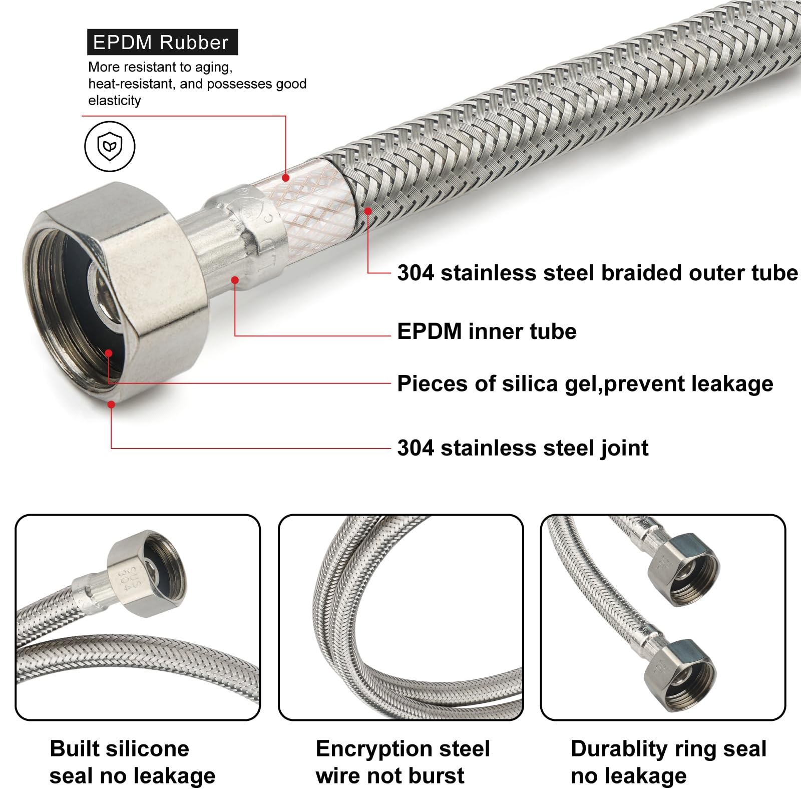 Midanya Faucet Supply Lines,24″ Stainless Steel Braided Water 24 Inch, White