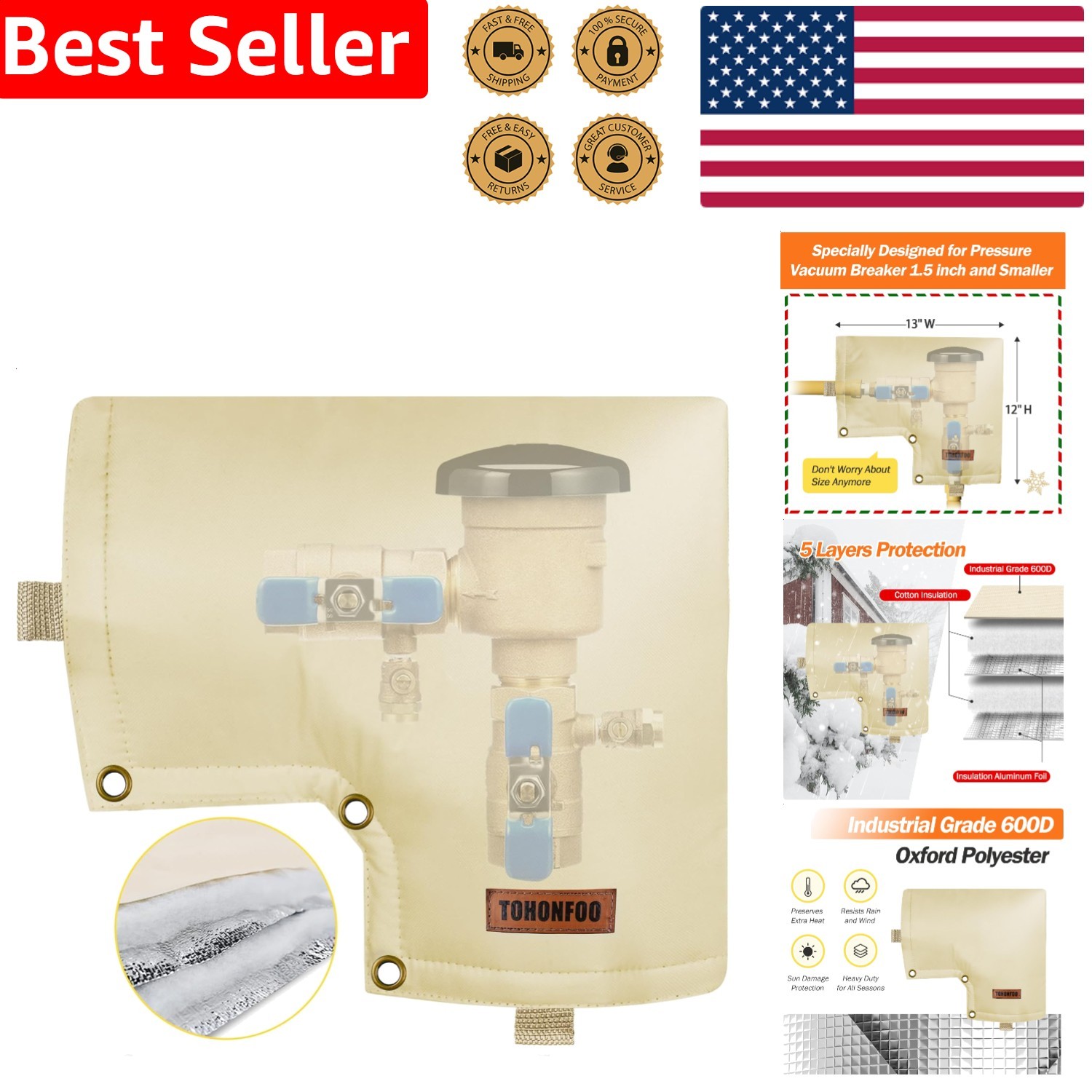 Backflow Preventer Insulated Pouch PVB Cover Heavy-Duty Winter Freeze Protection
