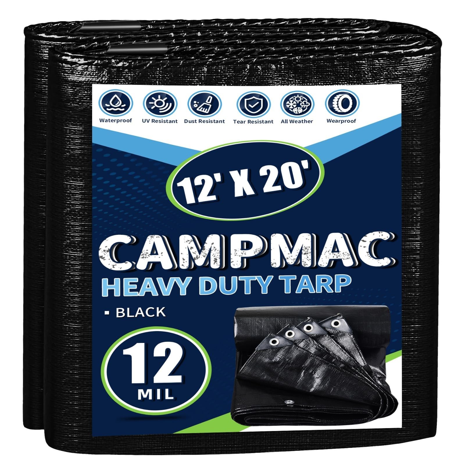 Black Tarps Heavy Duty Waterproof 12×20, 12 Mil Thick, High Durability, Rip a…