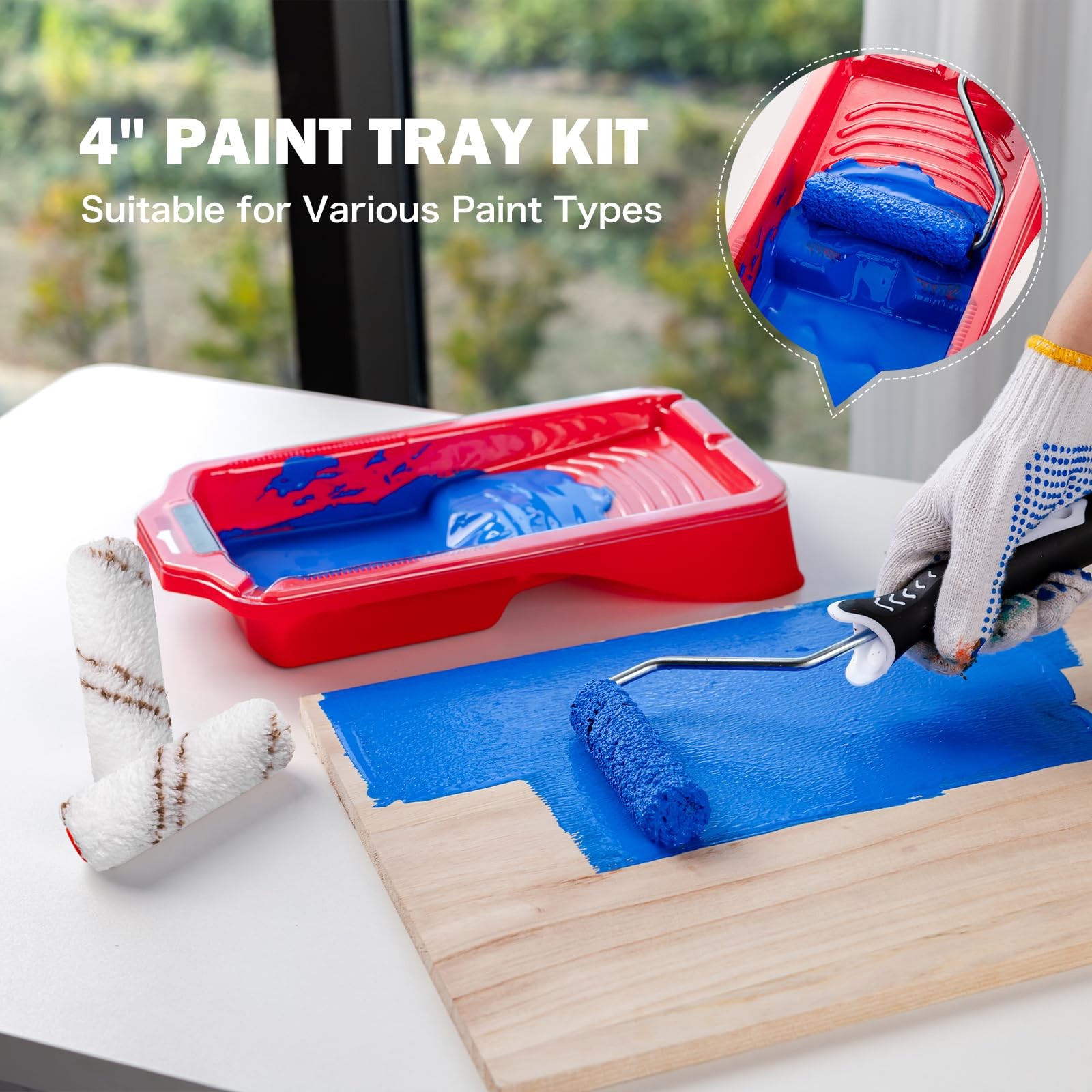 Mister Rui Mini Paint Roller Kit-13 Piece, 4-Inch 4 inches, Red Tray