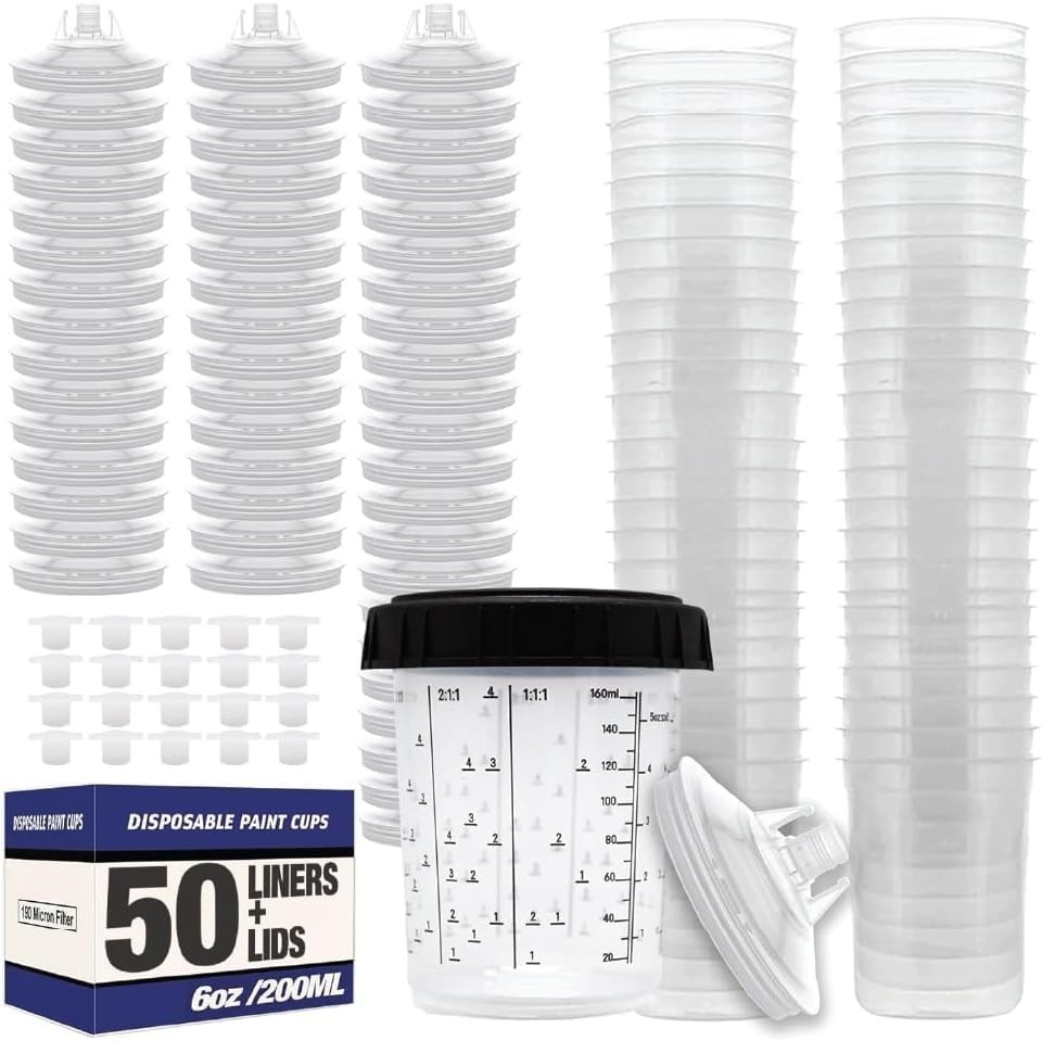 Disposable Paint Spray Gun Cup Liners & Lid System, 50 Pack 6oz Mini Kit