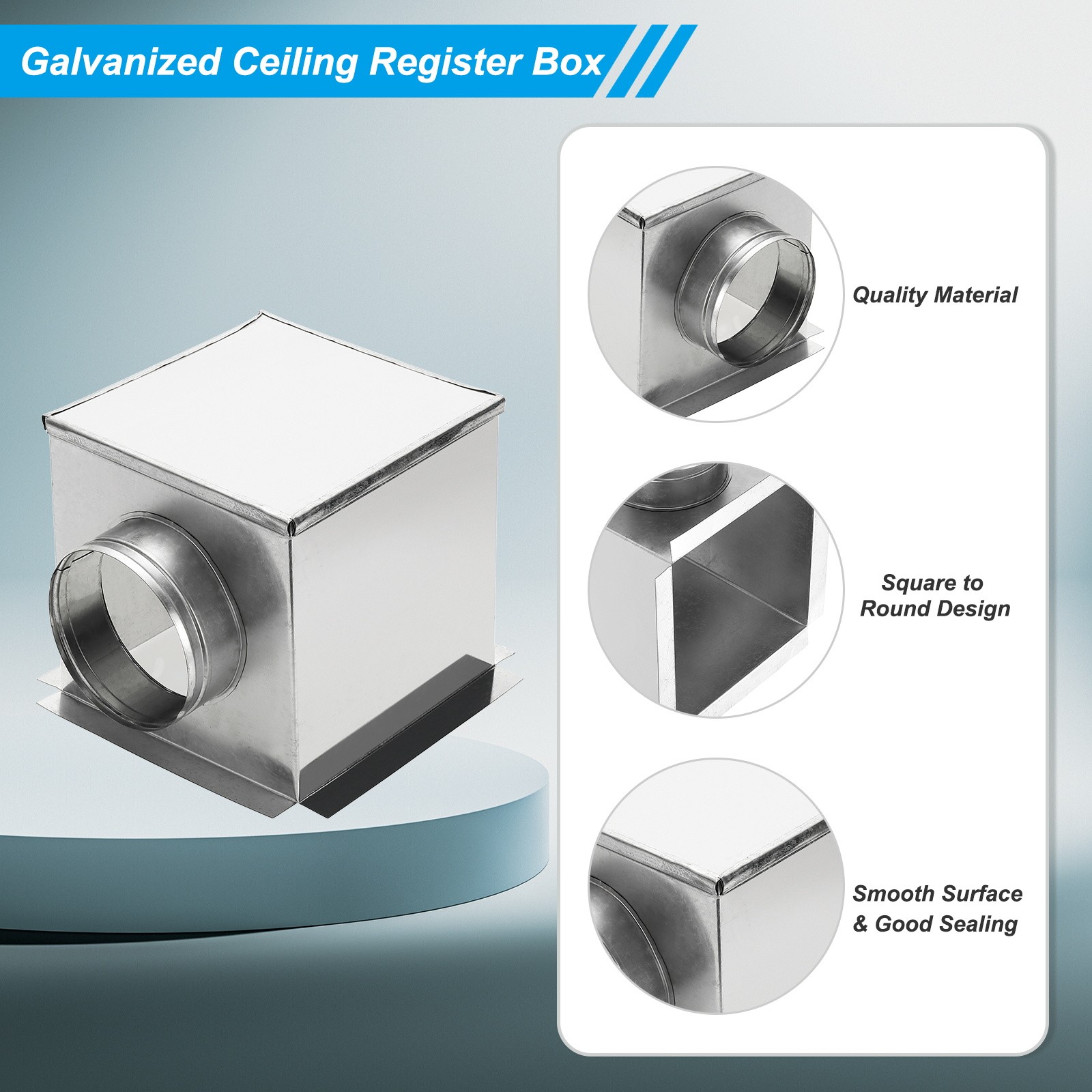 HVAC 90 Degree Ceiling Register Box, 10″ x 10″ x 6″ Fits 6″ Duct