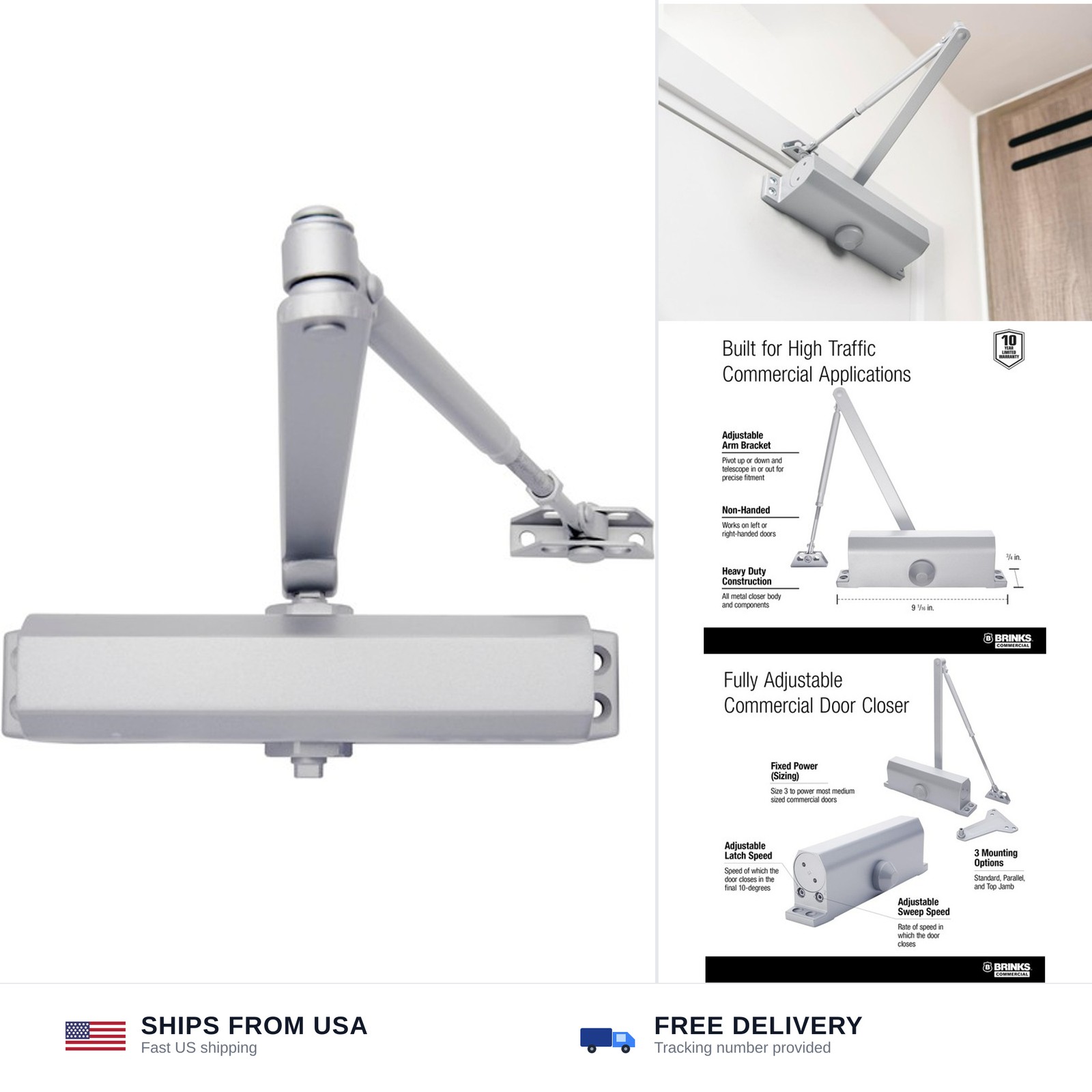 Brinks Commercial Heavy Duty UL Listed Door Closer, Aluminum Finish – Commerc…