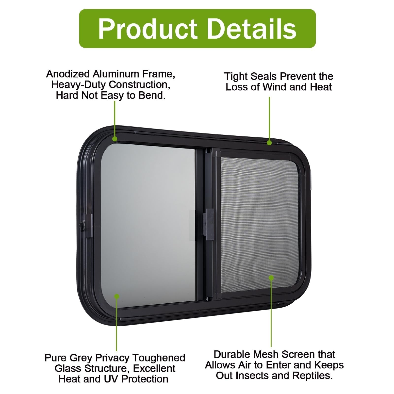 24″x15″ RV Sliding Window – Horizontal Teardrop Style, DOT-Certified Tempered…